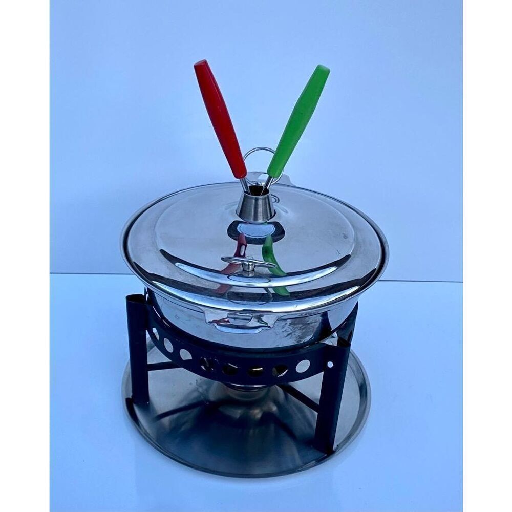 Vintage Japanese Stainless Steel Fondue Set Pot with Lid and Underplate Burner H